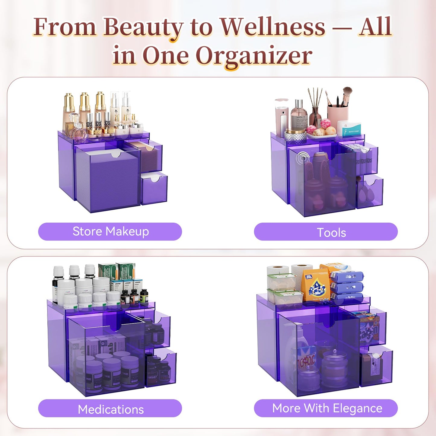 Youdepot Purple Acrylic Face Towel Holder with 3 Drawers