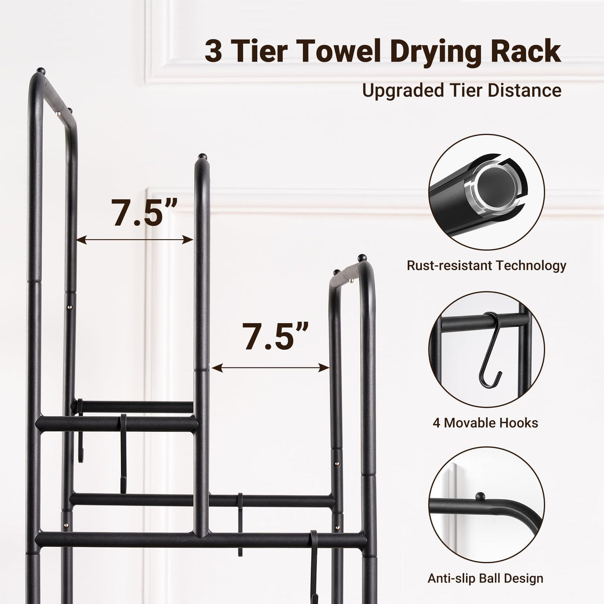 3-Tier Freestanding Towel Rack, Fixed-Height Bars Highest 101CM
