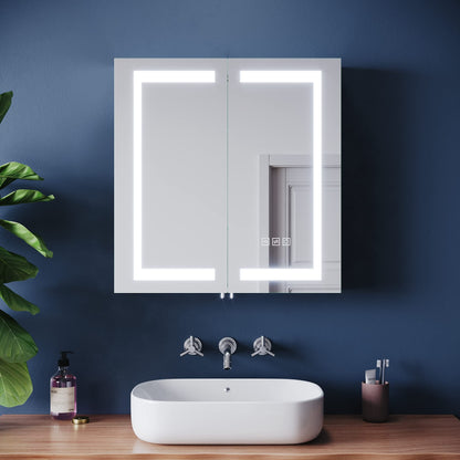 ELEGANT Bathroom Mirror Cabinets with Lights and Shaver Socket, Double Door Stainless Steel Bathroom Wall Cabinets with Three-color Infinitely