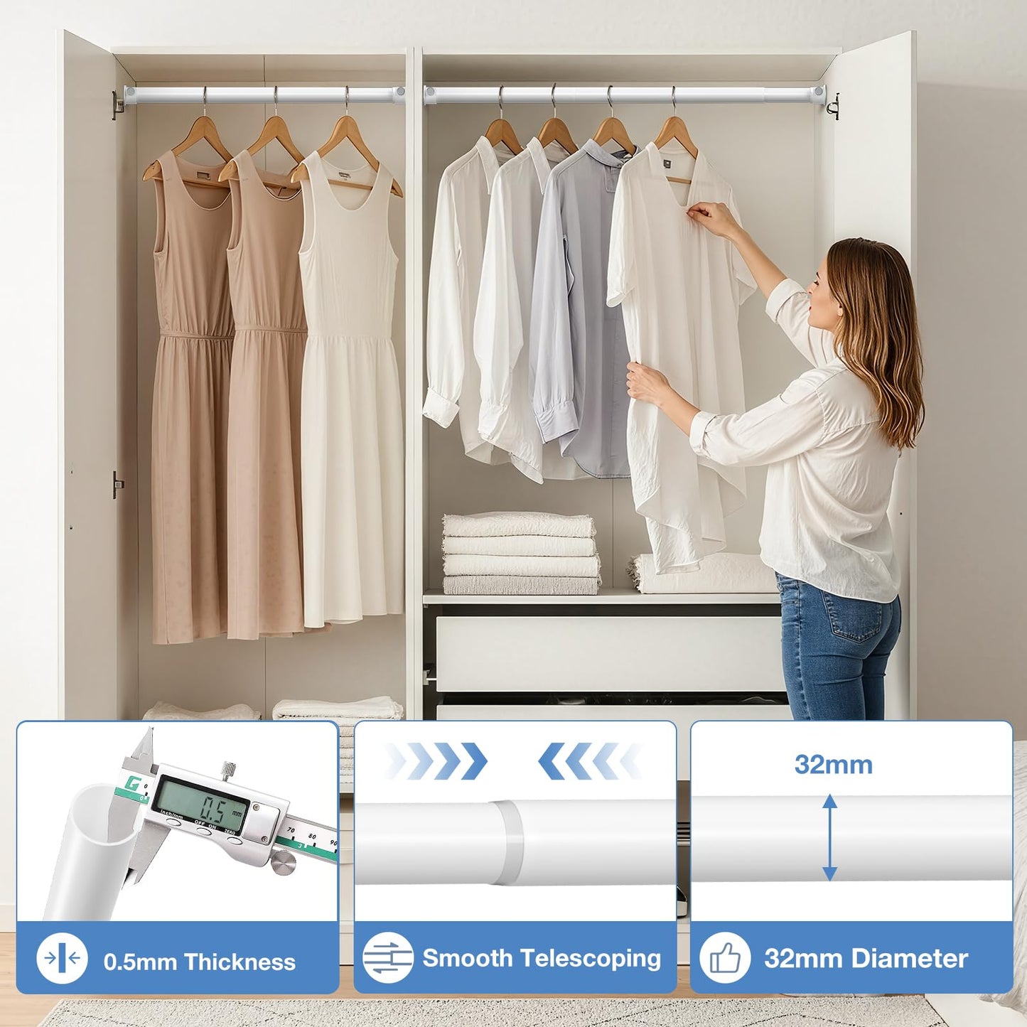 Wardrobe Rail 42-160cm Extendable Clothes Rail White Wardrobe Pole Stainless Steel Adjustable Clothes Rail Heavy Duty Hanging Rails For