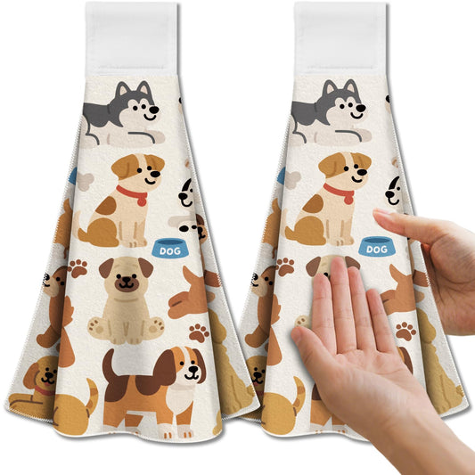 CUTHOLLOW Cartoon Puppy Hanging Kitchen Towels with Loop, Set of 2 - Soft & Super Absorbent Microfiber Decorative Hanging Dish & Hand Towel, Tea,