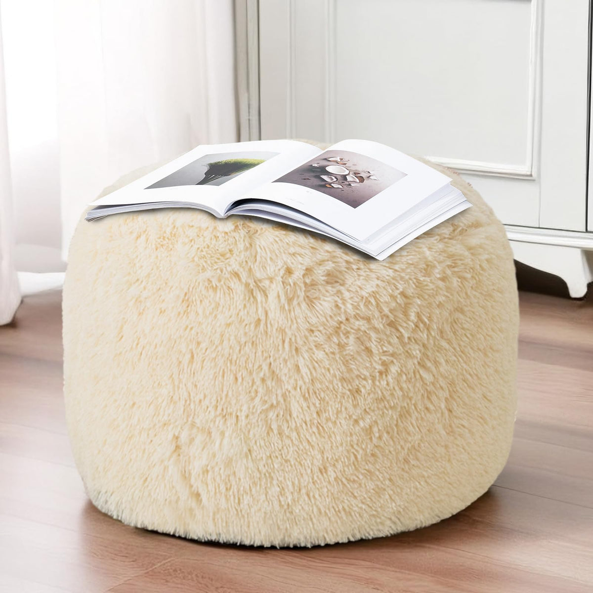HIGOGOGO Faux Fur Beanbags Round Footstool Bean Bag Pouf with Foam Chunk Filling, 50 x 35 cm Floor Poufs Foot Rest for Living Room, Beige