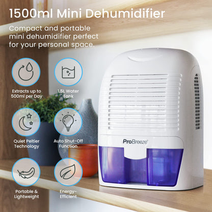 Pro Breeze Dehumidifier 1500ml Portable Air Dehumidifier for Damp, Mould, Moisture in Home, Kitchen, Bedroom, Caravan, Office, Garage, Bathroom,