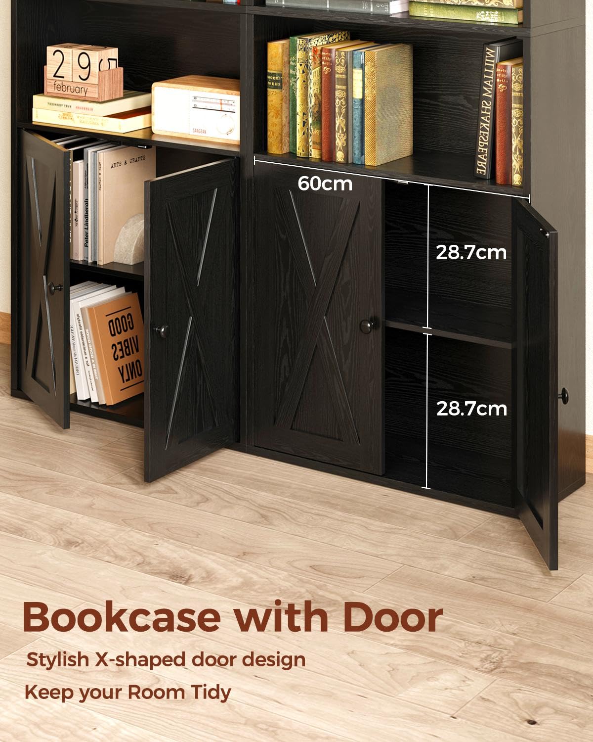 IRONCK Bookcase 6-Tier, Bookshelf with Doors, 180cm Tall Living Room Bookcases, Display Shelf Storage, Freestanding Book Shelf Unit for Home Office