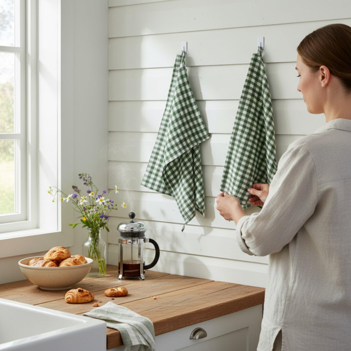 Eight Owls Stonewashed Linen Kitchen Dish Towels – 50 x 68 cm – 100% Pure Linen Tea Towel/Hand Towel - set of 2 (Green Check)