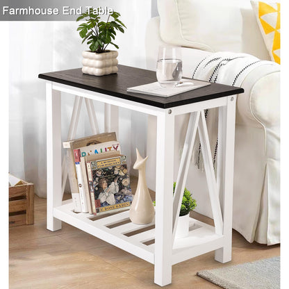 FEUFOAM Farmhouse End Side Table Wood Frame Narrow Side Table with Shelves Black White Rectangular Night Stand Sofa Table for Couch, Small Spaces