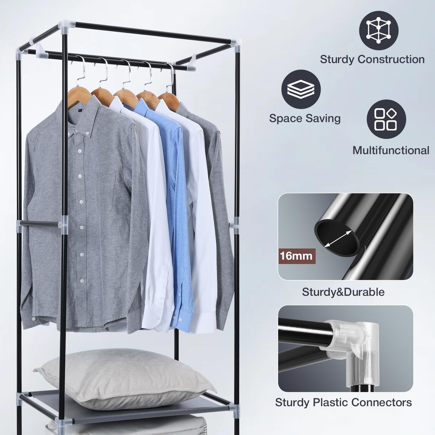 Single Canvas Wardrobe with 2 Drawers and Hanging Rail 160 x 59 x 43CM