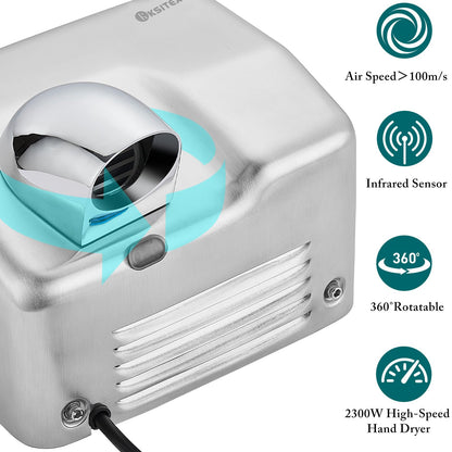 KSITEX Commercial Hand Dryer,Stainless Steel Heavy Duty Hand Dryer High Speed Electric Hand Dryer Wall Mounted For Toilet Bathroom Eco Friendly 2300W