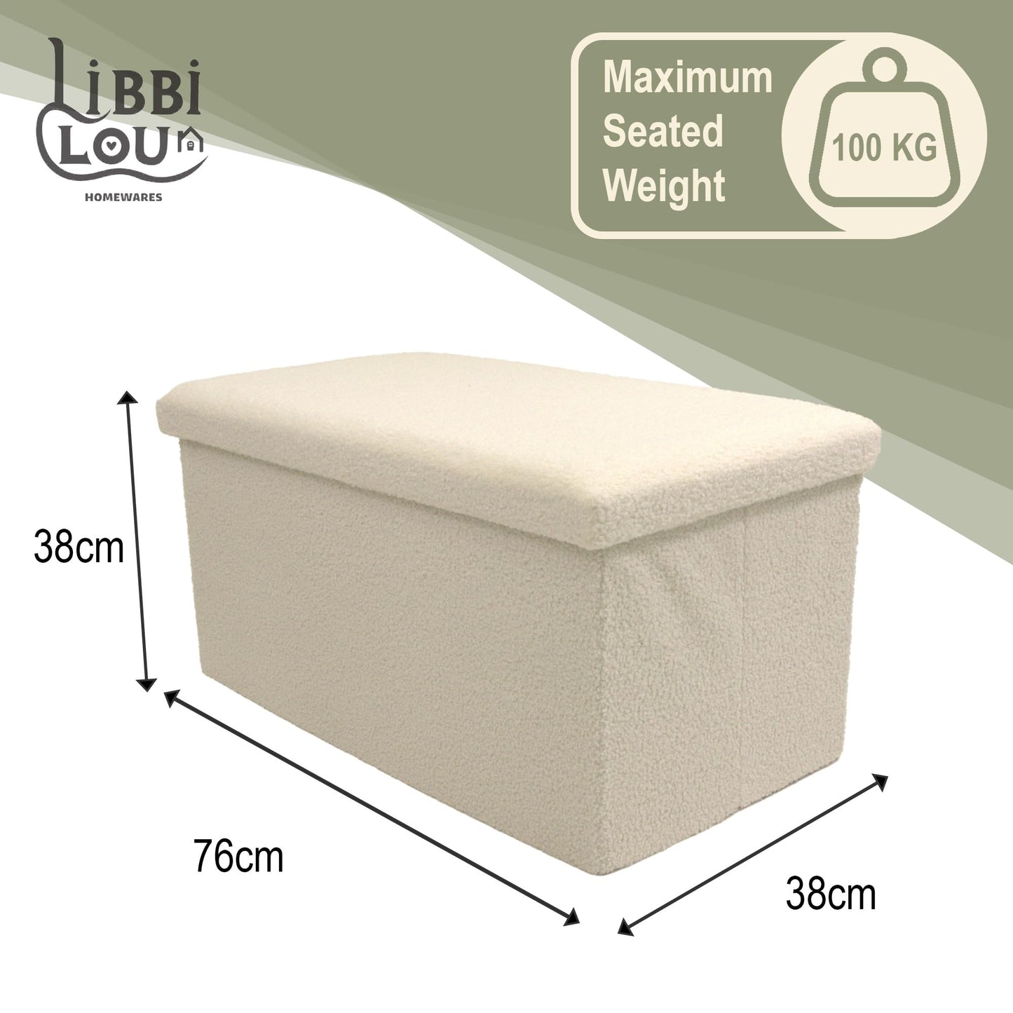 Libbi Lou White Teddy Boucle Foldable Footstool/Ottoman Storage Box | 76 x 38 x 38 cm |Ottoman for Home, Office or Bedroom | Store up to 40kg