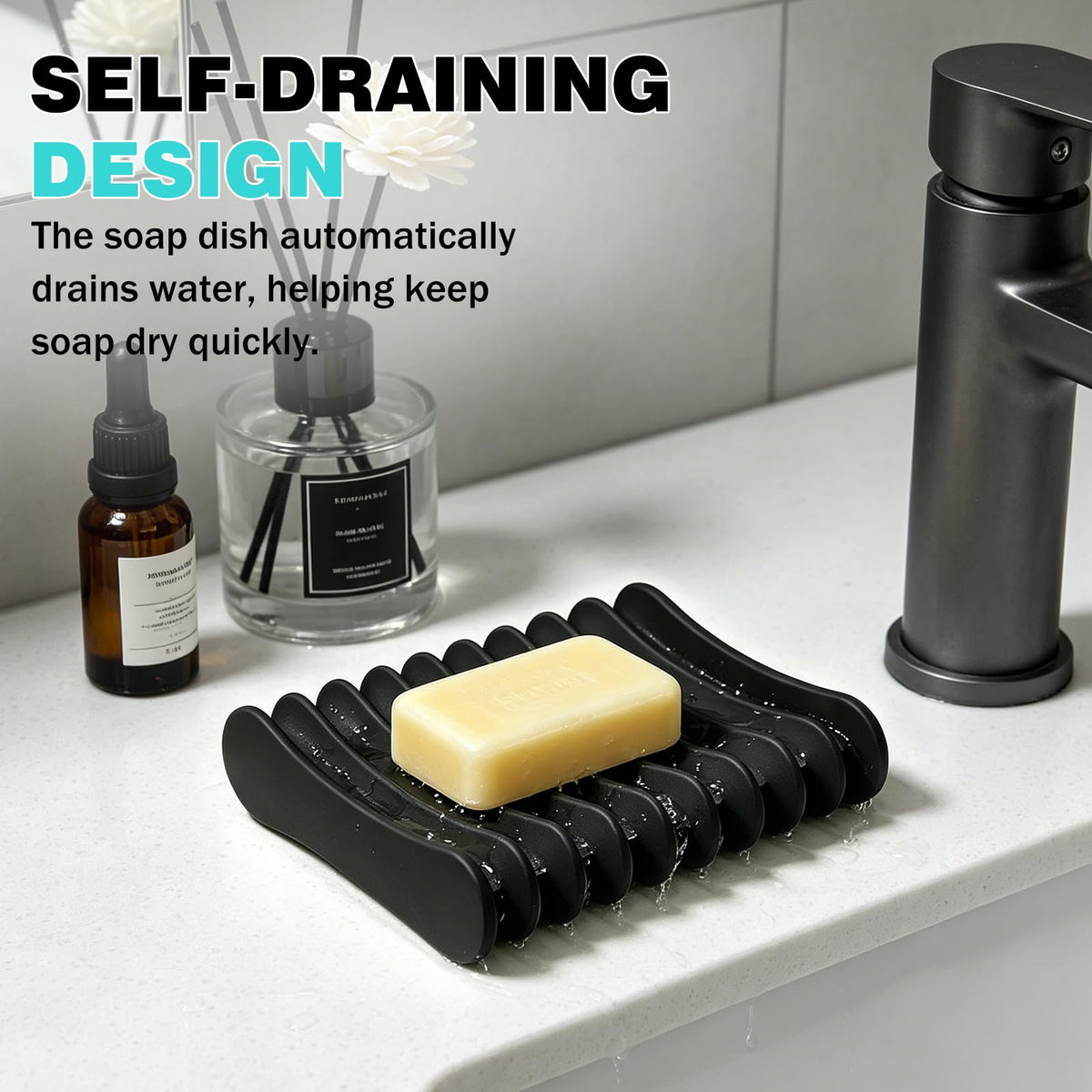 Langerspur Silicone Soap Dish 2 Pack Bar Soap Holder Self Draining Soap Tray Dishes for Bathroom Shower Kitchen Sink Travel (Black)