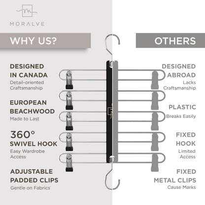 MORALVE Skirt Hangers Space Saving with Clips - 2 Pack - European Beechwood 5-Tier Hanger for Shorts, Skirts, and Trousers