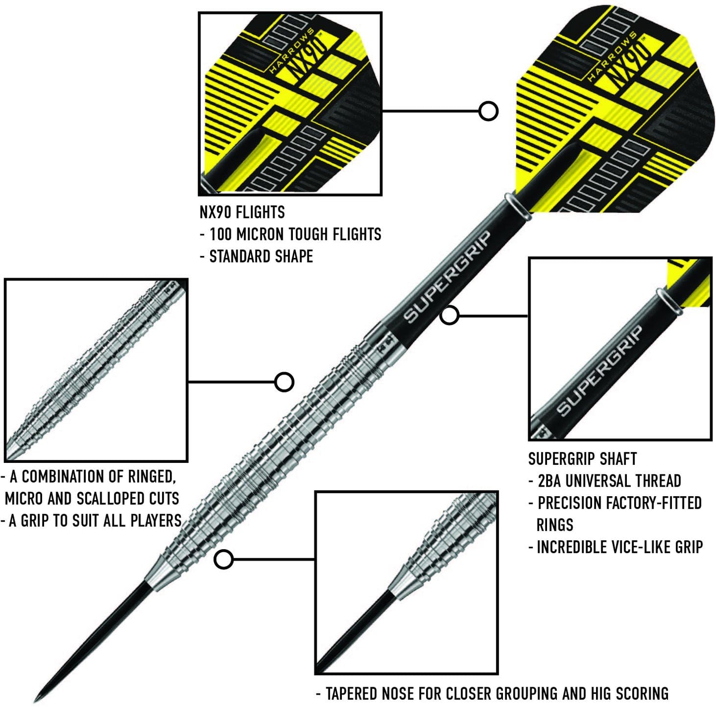 Harrows NX90 90% Tungsten Steel Tip Darts Set 21g, 22g, 23g, 24g, 25g & 26g - Includes Black Supergrip Midi Shafts & Micron NX90 Flights (25g)