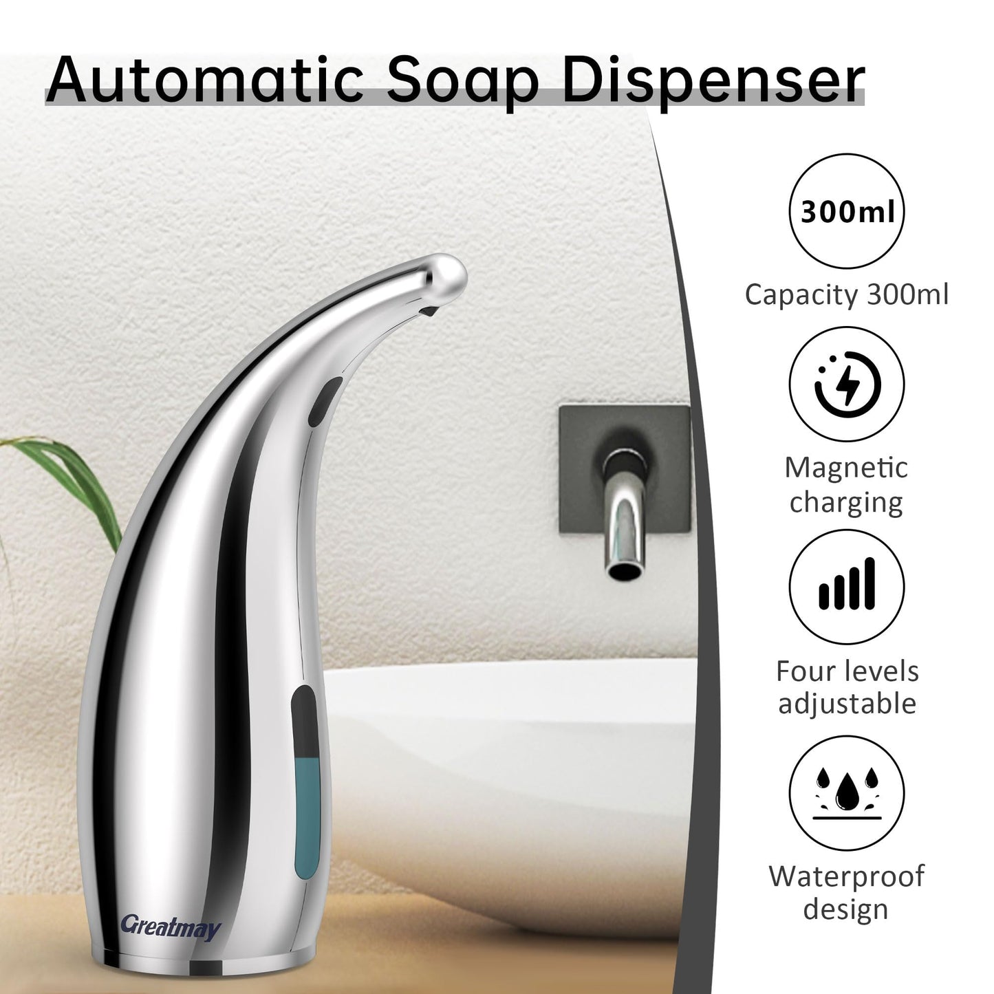 Greatmay Automatic Soap Dispenser 11.84oz/350ml with Infrared Sensor,Made of Plastic Material