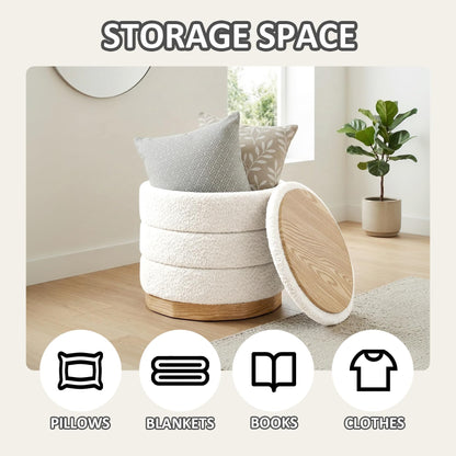PINPLUS Round Chenille Storage Ottoman, Tray Top, 39x39x37 cm, Cream White