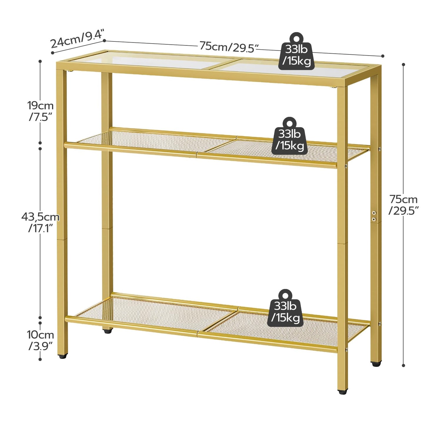 HOOBRO 3-Tier Gold Console Table, Tempered Glass Sofa Table, Narrow Side Table, Modern Hallway Table, for Living Room, Foyer, Hallway, Bedroom