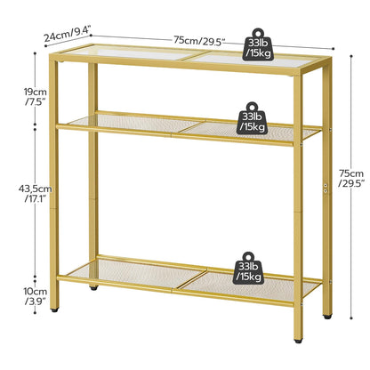 HOOBRO 3-Tier Gold Console Table, Tempered Glass Sofa Table, Narrow Side Table, Modern Hallway Table, for Living Room, Foyer, Hallway, Bedroom