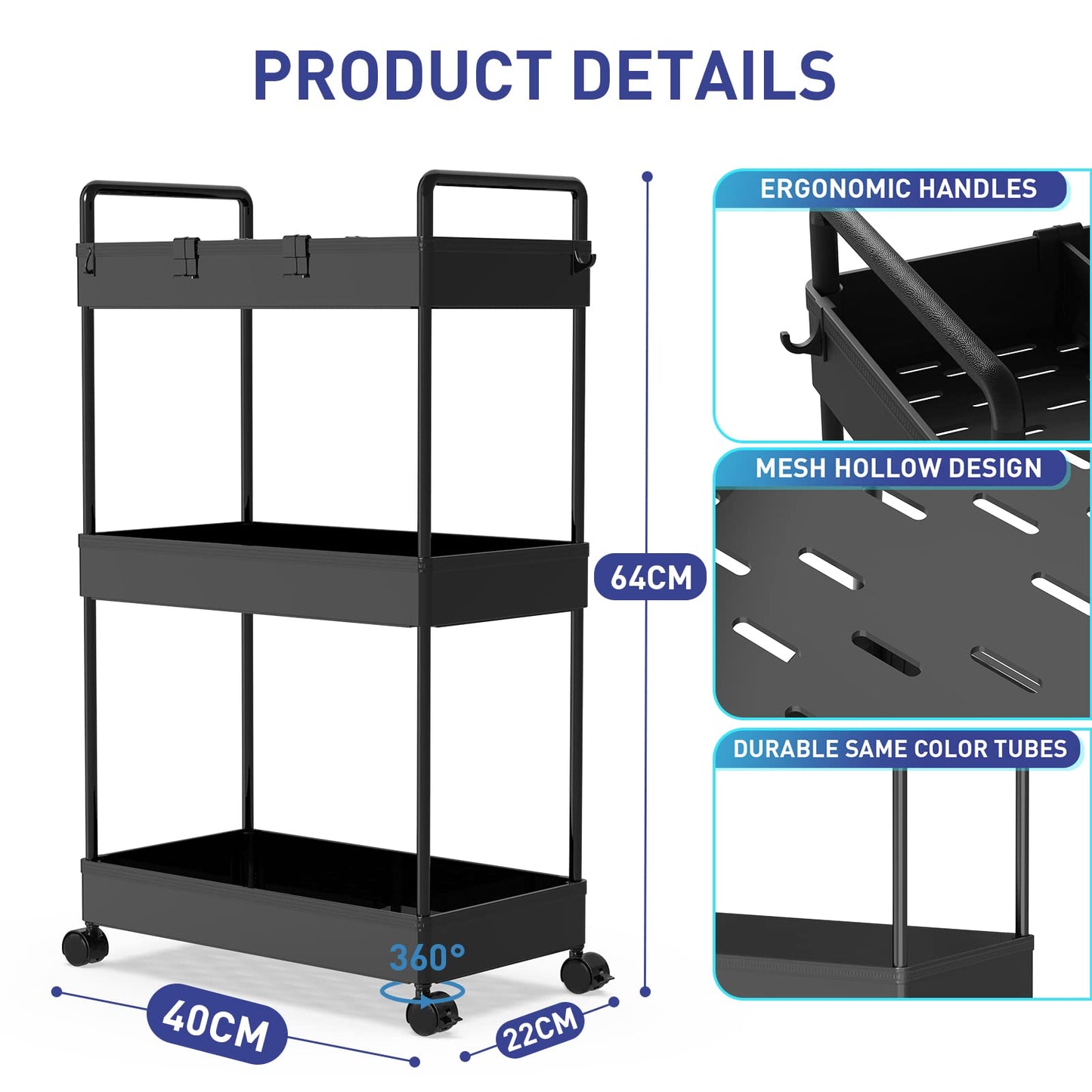 Ronlap Slim Storage Trolley, 3 Tier Rolling Cart Storage Organizer, Utility Rolling Cart with Handle Hanging Cups Dividers for Office Bathroom