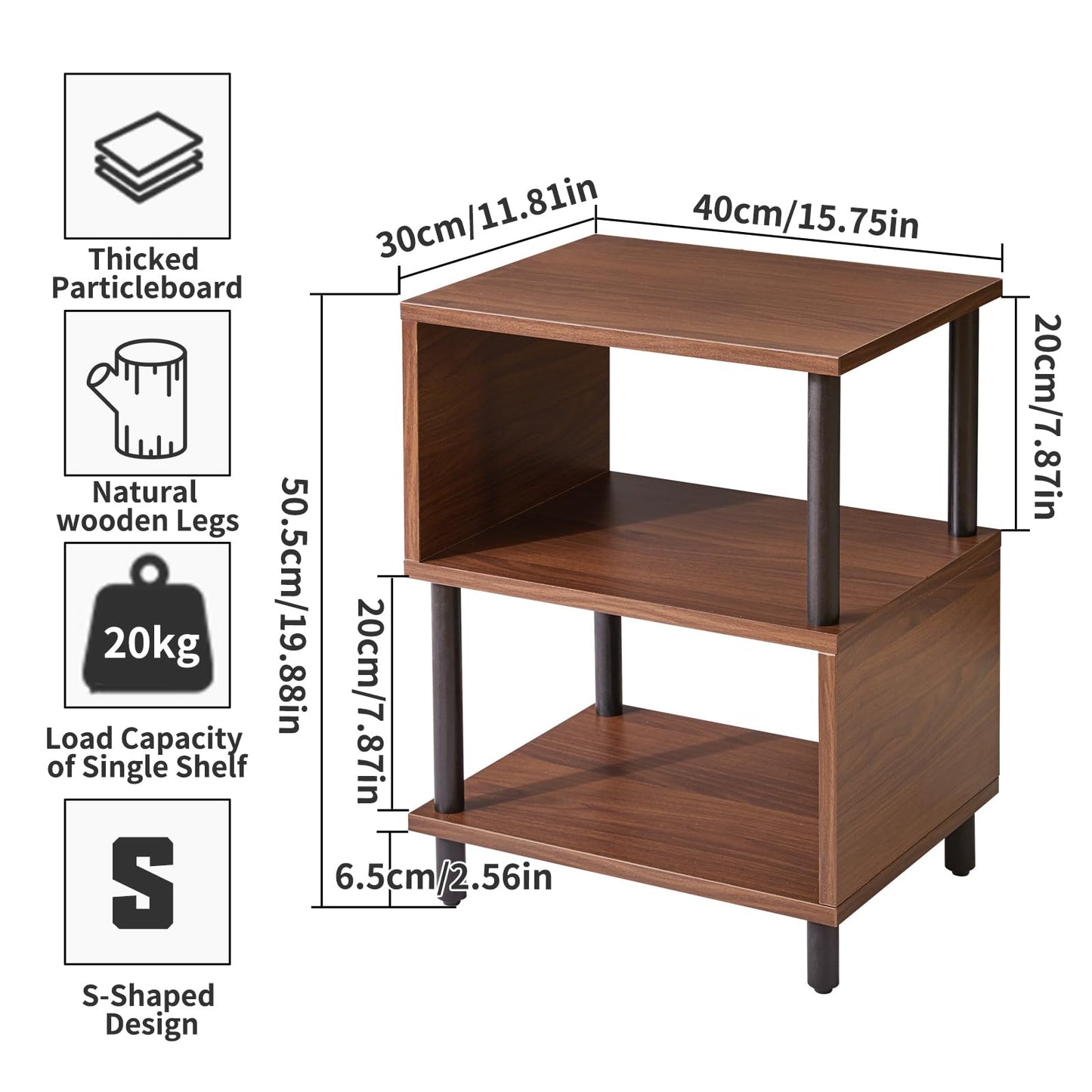Aibiju 3 Tier Side End Table, Wooden Bedside Table, Modern Sofa Side End Table for Living Room/Bedroom/Small Space, Brown+Black Legs, YD-TM152LW