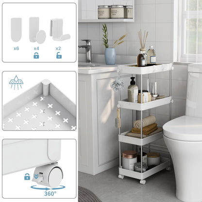Mondeer Storage Trolley, 4-Tier Storage Rack with Wheels, Multifunctional Suitable for Office Kitchen Bathroom, W22 x D40 x H85cm, White