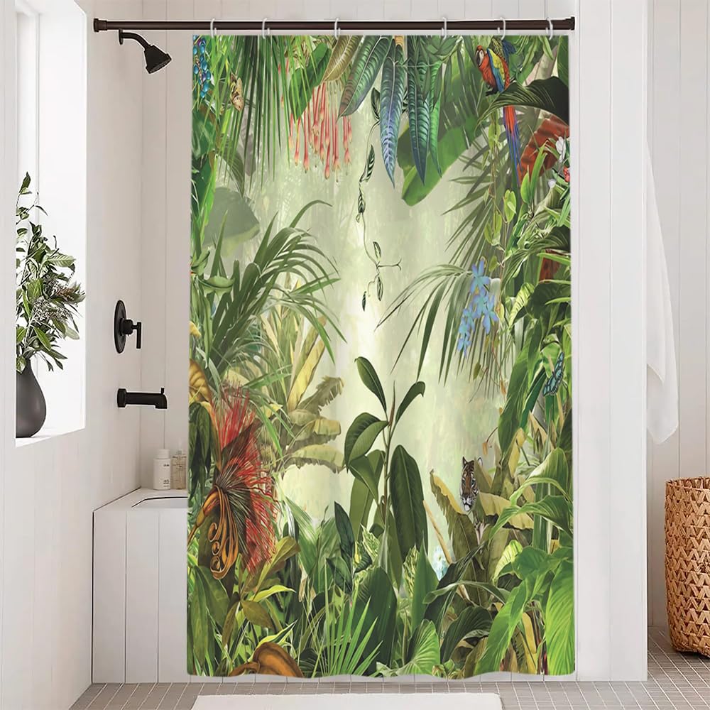 Uiiooazy Anti-Mould Shower Curtain, Shower Curtain 120 x 200 cm Jungle Green Tropical Palm Leaves Forest Bath Curtains Washable Fabric Waterproof
