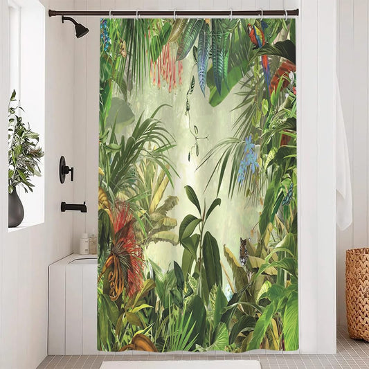 Uiiooazy Anti-Mould Shower Curtain, Shower Curtain 120 x 200 cm Jungle Green Tropical Palm Leaves Forest Bath Curtains Washable Fabric Waterproof