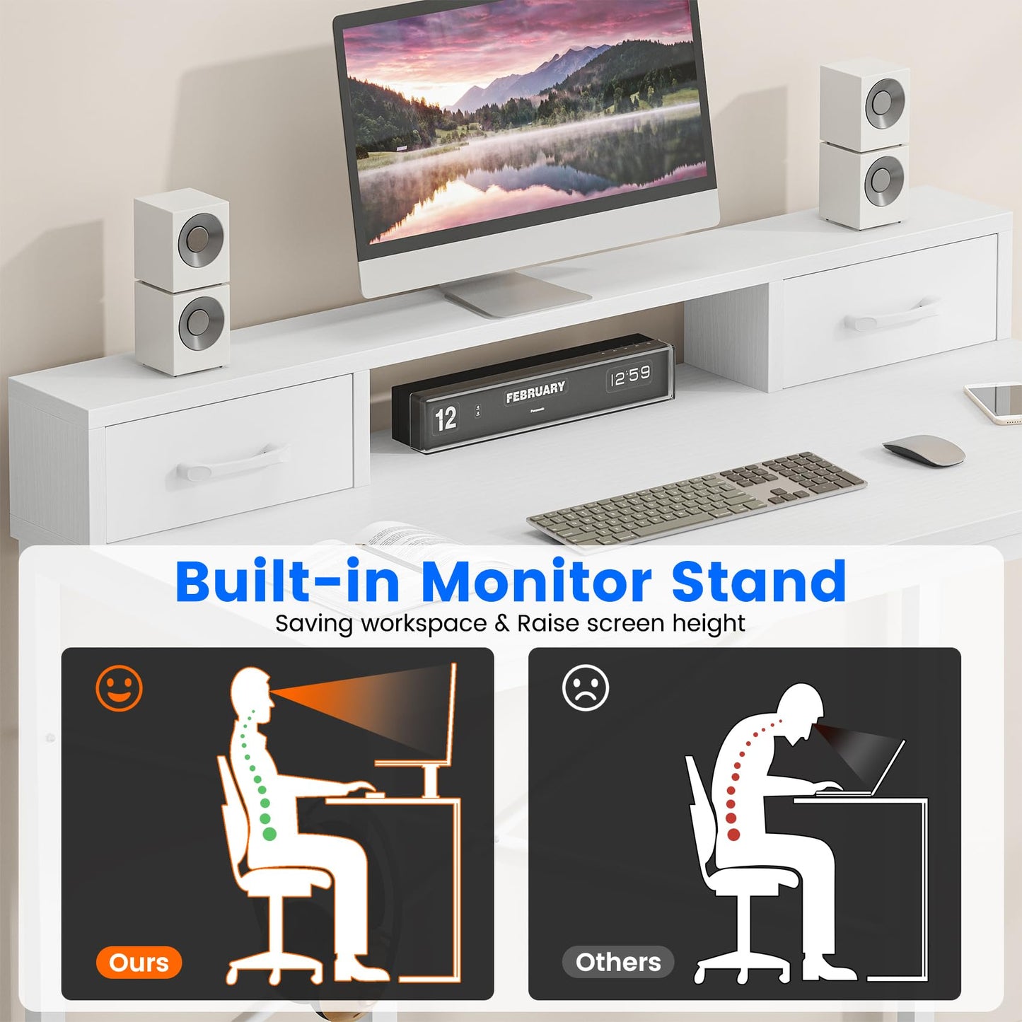 Feonase Industrial-Style Computer Desk with Elevated Monitor Riser & Dual Drawers – 100cm Wide MDF Desktop for Home Office