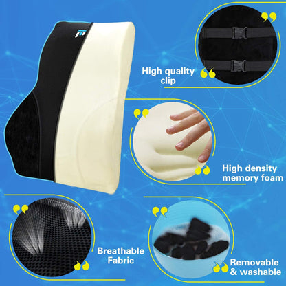 POOTACK Pillow, Memory Foam Back Support Cushion Lumbar Support for Office Chair, Car Seat, Recliner, with Extension Strap and Carry Bag Black