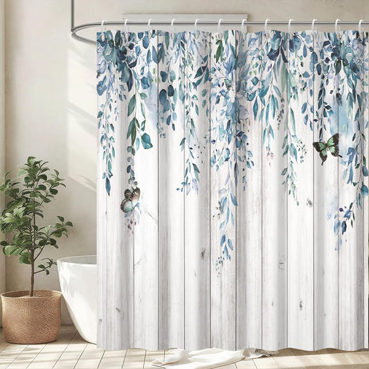 Uiiooazy Eucalyptus Shower Curtain, Blue Leaves Shower Curtain Wooden Borad Backgound Bath Curtain Mildew and Mould Resistant Waterproof Polyester