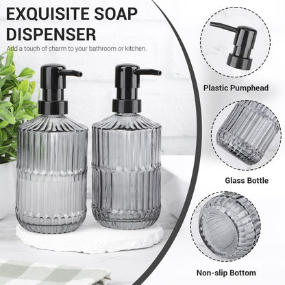 Segus Soap Dispenser Kitchen, 2 Pieces 450ml Glass Soap Dispenser Bottle with Pump, Refillable and Reusable, Empty Shampoo Bottles, Grey