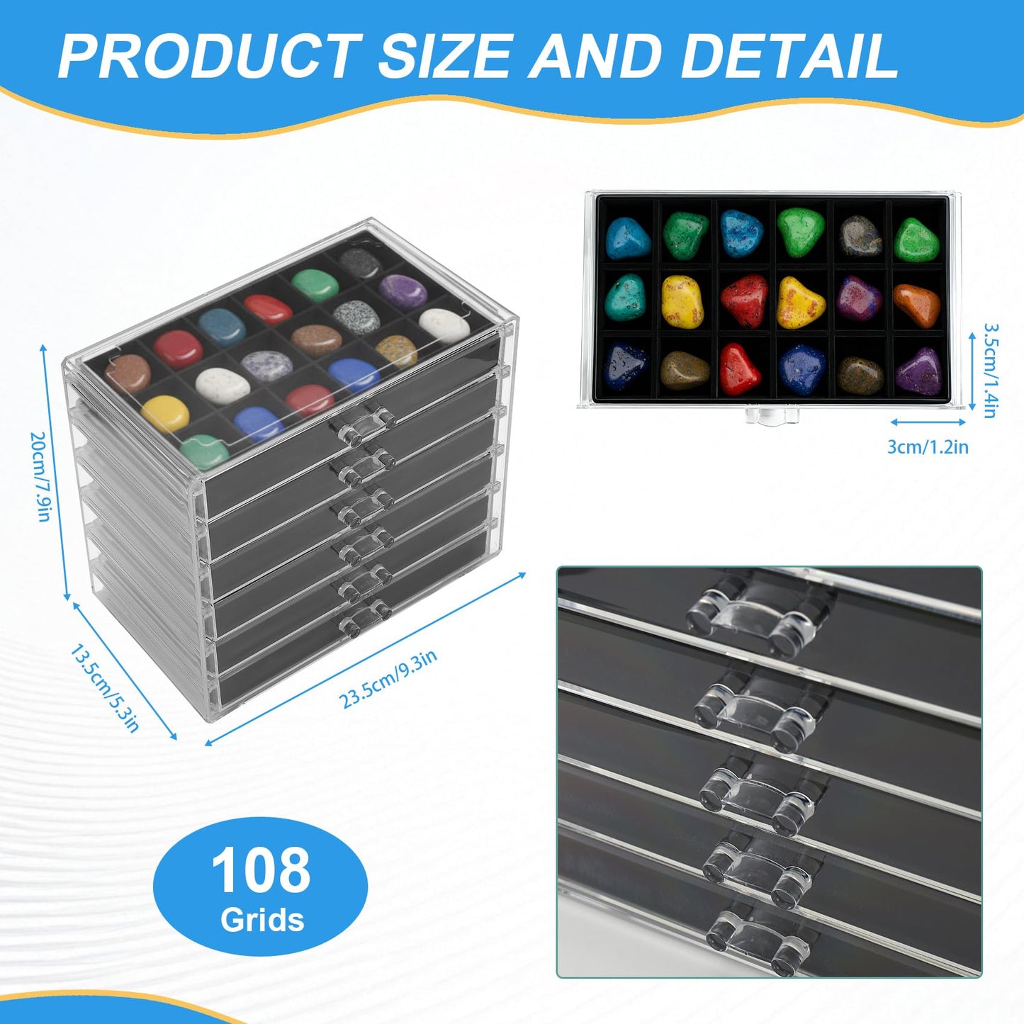 Juwacoo Rock Display Case, 6 Drawers 108 Grids Crystal Storage Box, Rock Collection Box, Acrylic Gemstone Box, Storage Stone Cases