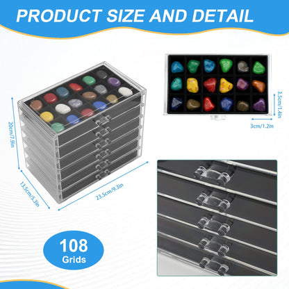 Juwacoo Rock Display Case, 6 Drawers 108 Grids Crystal Storage Box, Rock Collection Box, Acrylic Gemstone Box, Storage Stone Cases