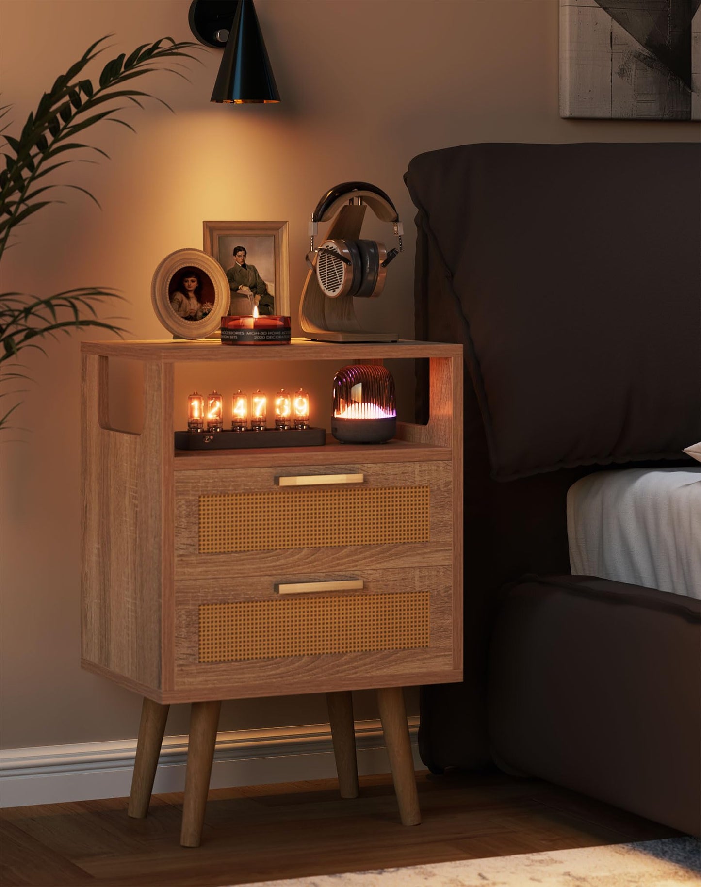YMYNY Nightstand with 2 Drawers, Boho Side Table, Handmade Rattan Decorated, Open Shelf Unit with Arched Design, Solid Wood Legs