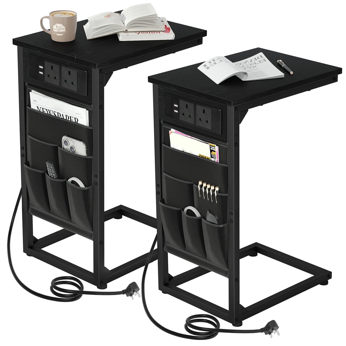 AMHANCIBLE C-Shaped Side Table with Charging Station, Side Table Set of 2