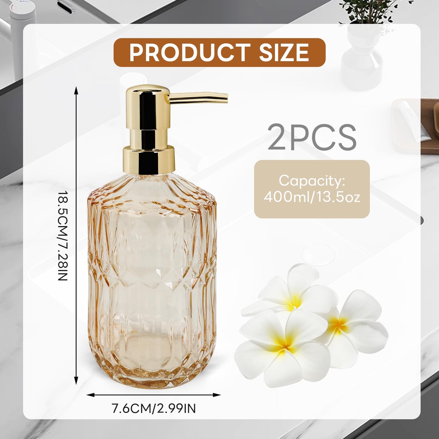 2 Pcs Glass Soap Dispenser with Pump, 13.5 Oz/400 ml Washing up Liquid Dispenser, BPA Free Refillable Non-slip Pump Bottle for Shampoo