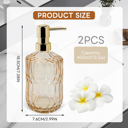 2 Pcs Glass Soap Dispenser with Pump, 13.5 Oz/400 ml Washing up Liquid Dispenser, BPA Free Refillable Non-slip Pump Bottle for Shampoo