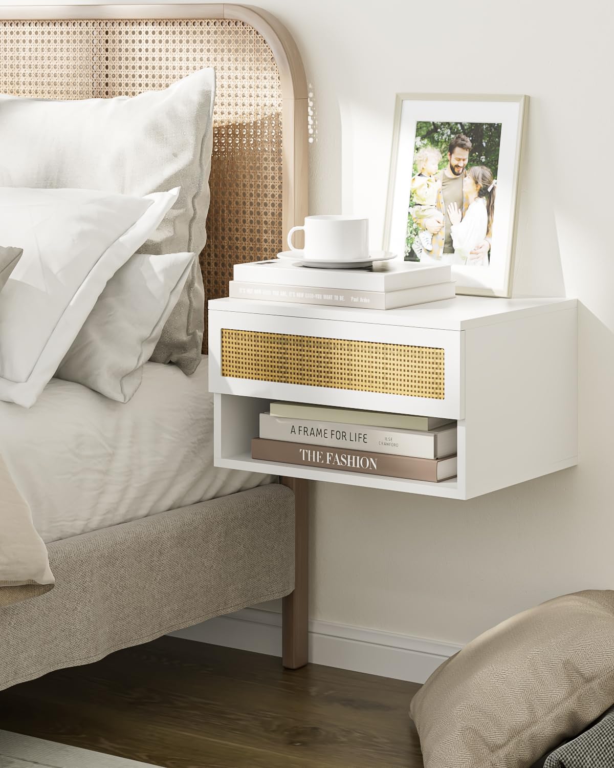 HEYZOEY Floating Bedside Table, Small Modern Floating Nightstand with Drawer, Floating Shelves for Bedroom, Bathroom (White Rattan)