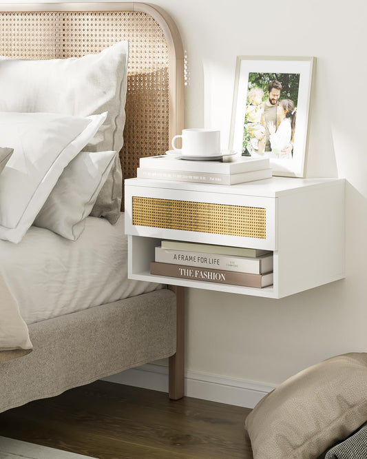 HEYZOEY Floating Bedside Table, Small Modern Floating Nightstand with Drawer, Floating Shelves for Bedroom, Bathroom (White Rattan)