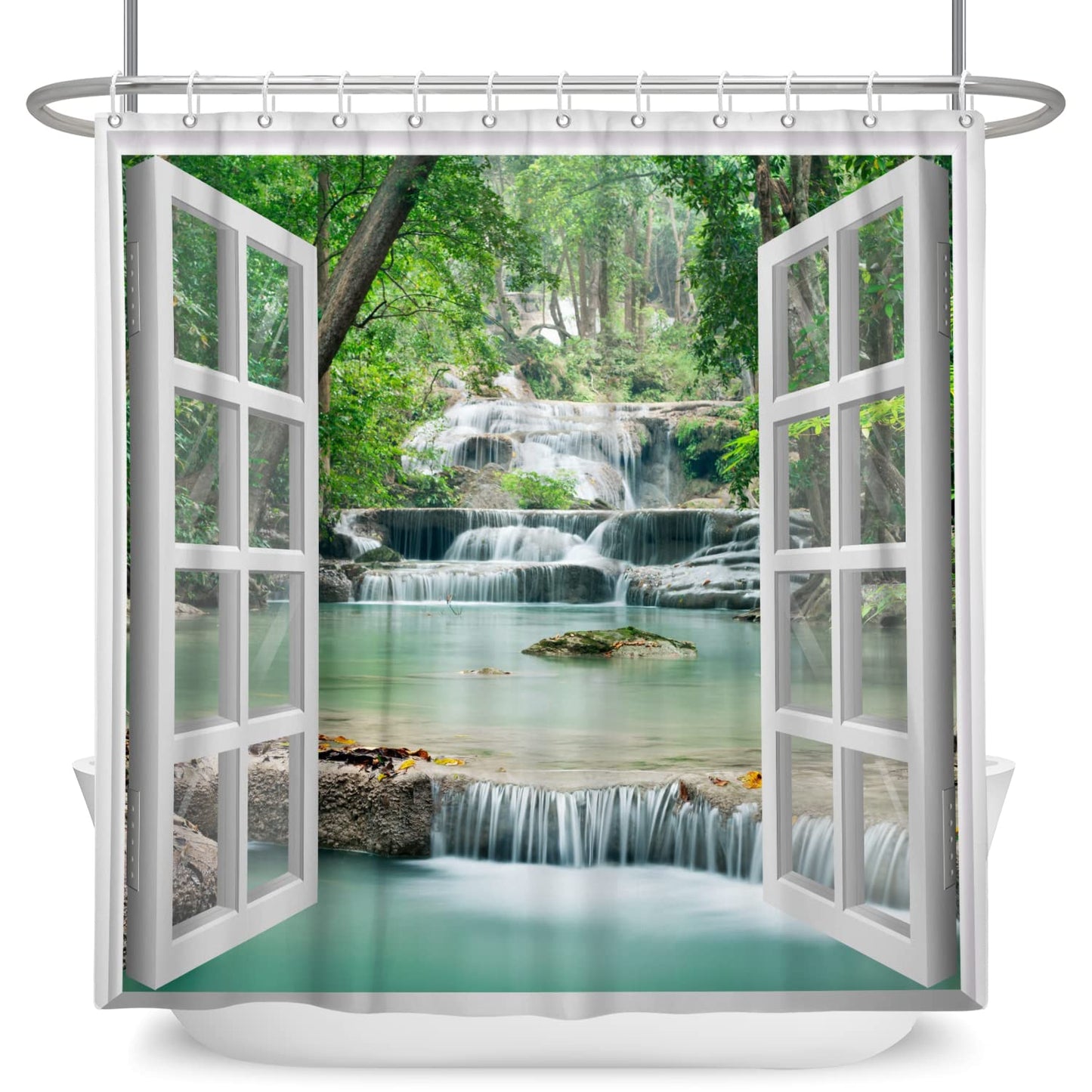 SDOTPMT 90x180cm Window View Shower Curtain Spring Waterfall Trees Natural Scenery Wilderness Landscape Bath Curtain White Window Picture Modern Art
