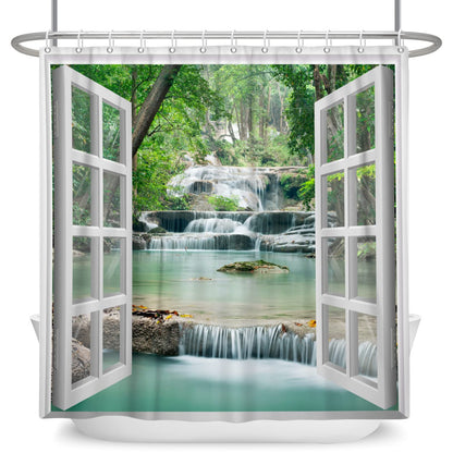 SDOTPMT 90x180cm Window View Shower Curtain Spring Waterfall Trees Natural Scenery Wilderness Landscape Bath Curtain White Window Picture Modern Art