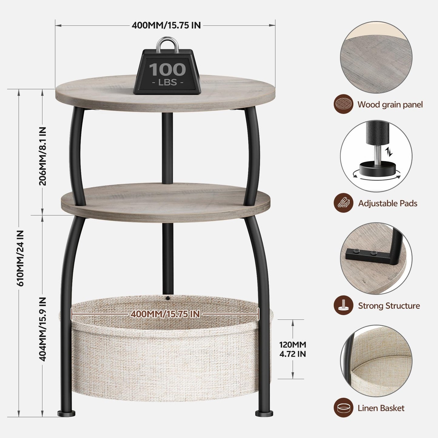 Yuede Side Table with Fabric Basket, Round End Table, 3 Tier Bedside Table, Coffee Table for Living Room, Bed Room, Modern, 40 x 61 cm, Gray