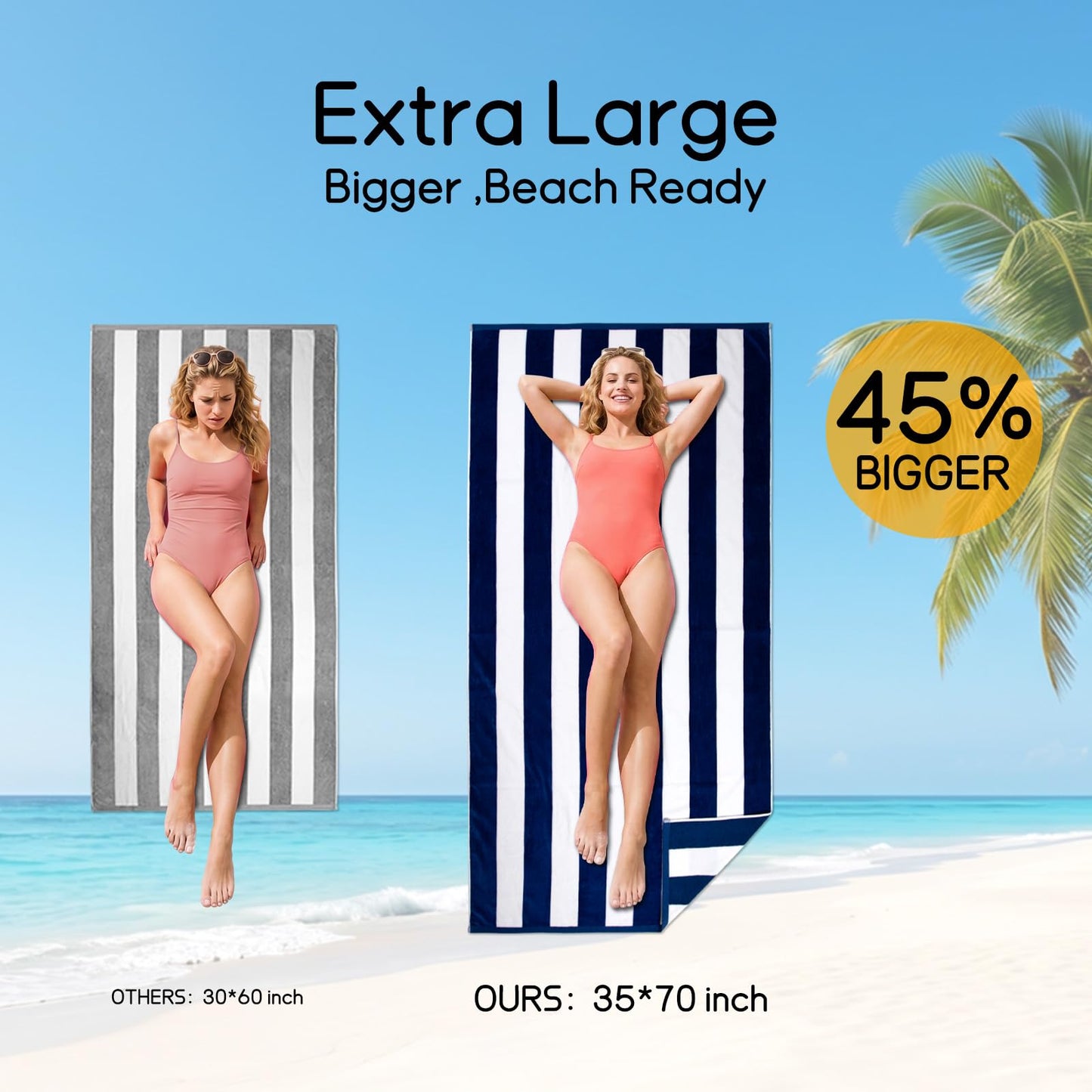 Ouxiaobai Cotton Oversized Beach Towel - 180 x 90 CM Large Size Pool Towel, Striped Soft Cabana Swim Towel (Royal Blue)