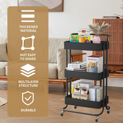 3 Tier Trolley Rolling Utility Storage Car with Wheels&Hanging Cups&Hooks