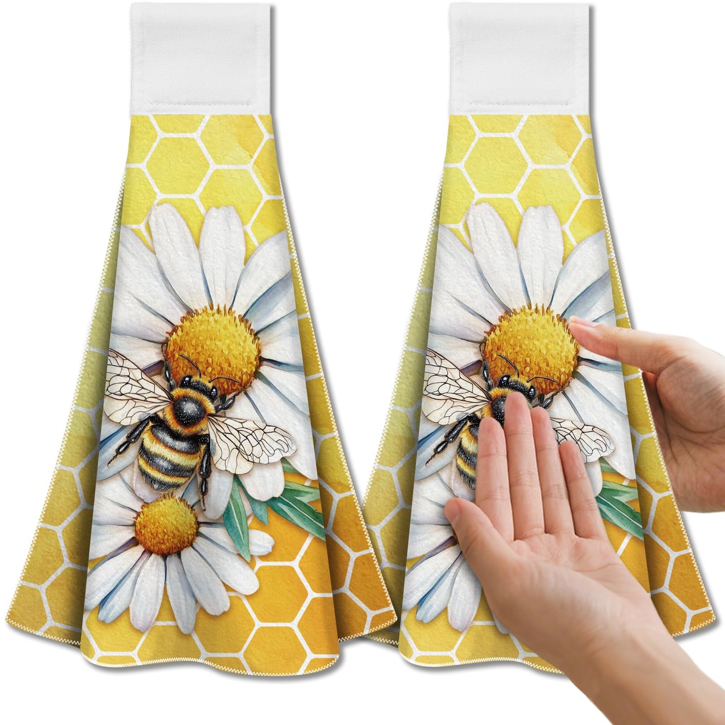 CUTHOLLOW Bee and Daisy Hanging Kitchen Towels with Loop, Set of 2 - Soft & Super Absorbent Microfiber Decorative Hanging Dish & Hand Towel, Tea,