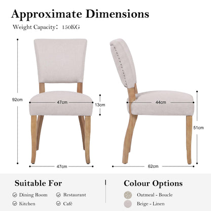 younturn Wooden Dining Chairs Set of 2, Linen Fabric Upholstered Dining Room Chairs with Solid Wood Legs, Open Curved Backrest