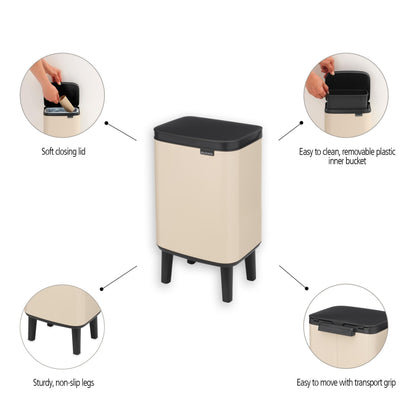 Brabantia Bo Waste Bin Hi 7L with Soft Close Lid, Removable Inner Bucket, and Transport Grip – Ideal Bathroom Bin, Bedroom, and Home Office