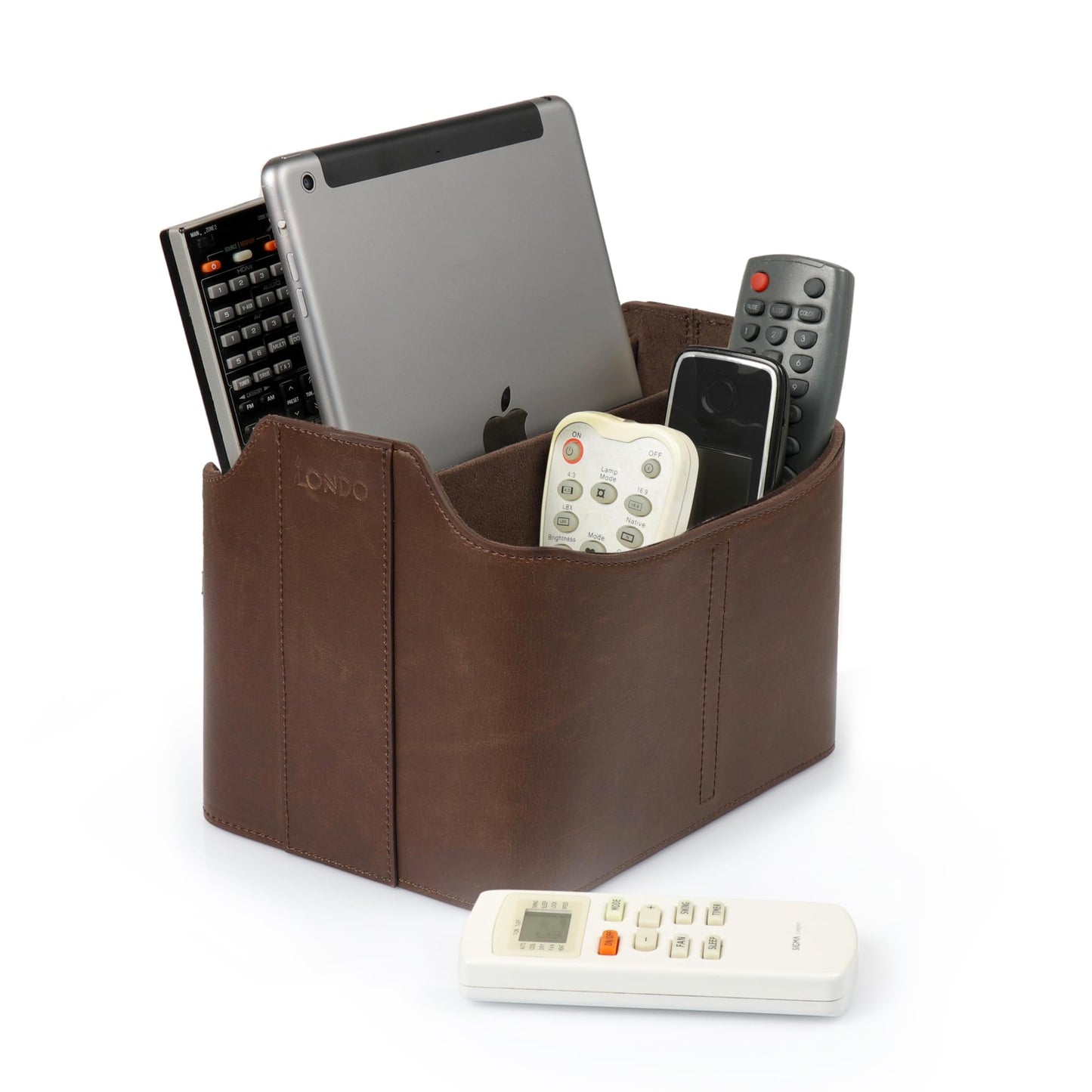 LONDO Leather Remote Control Organizer Caddy with Tablet Holder - 4 Pockets - Fits Apple TV, Roku, iPad