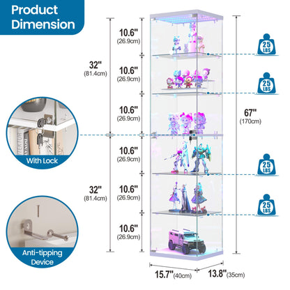 FREDEES Display Cabinet with RGB Lights and Glass Door, 6-Tier, White