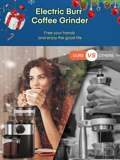 Coffee Grinder Burr Electric, 18 Precise Grind Setting, 2-14 Cup, 200W Coffee Grinder for Drip Coffee/French Press, 250g Capacity, with Brush Easy to