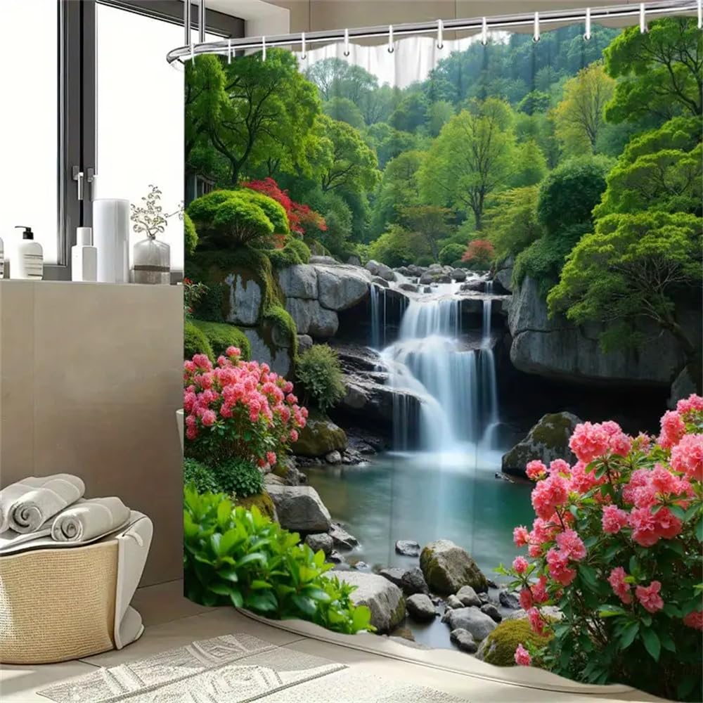 StarBlue-HGS Waterfall Nature Scene Shower Curtain, Scenic Forest Landscape with Pink Flowers Bathroom Decor Multiple sizes (150?180cm)
