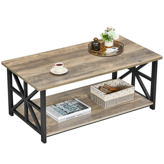 GreenForest Coffee Table with 2-Tier Storage,100 cm Living Room Table with Round Corner, Center Table with X-Frame Design for Home Office,Grey Wash